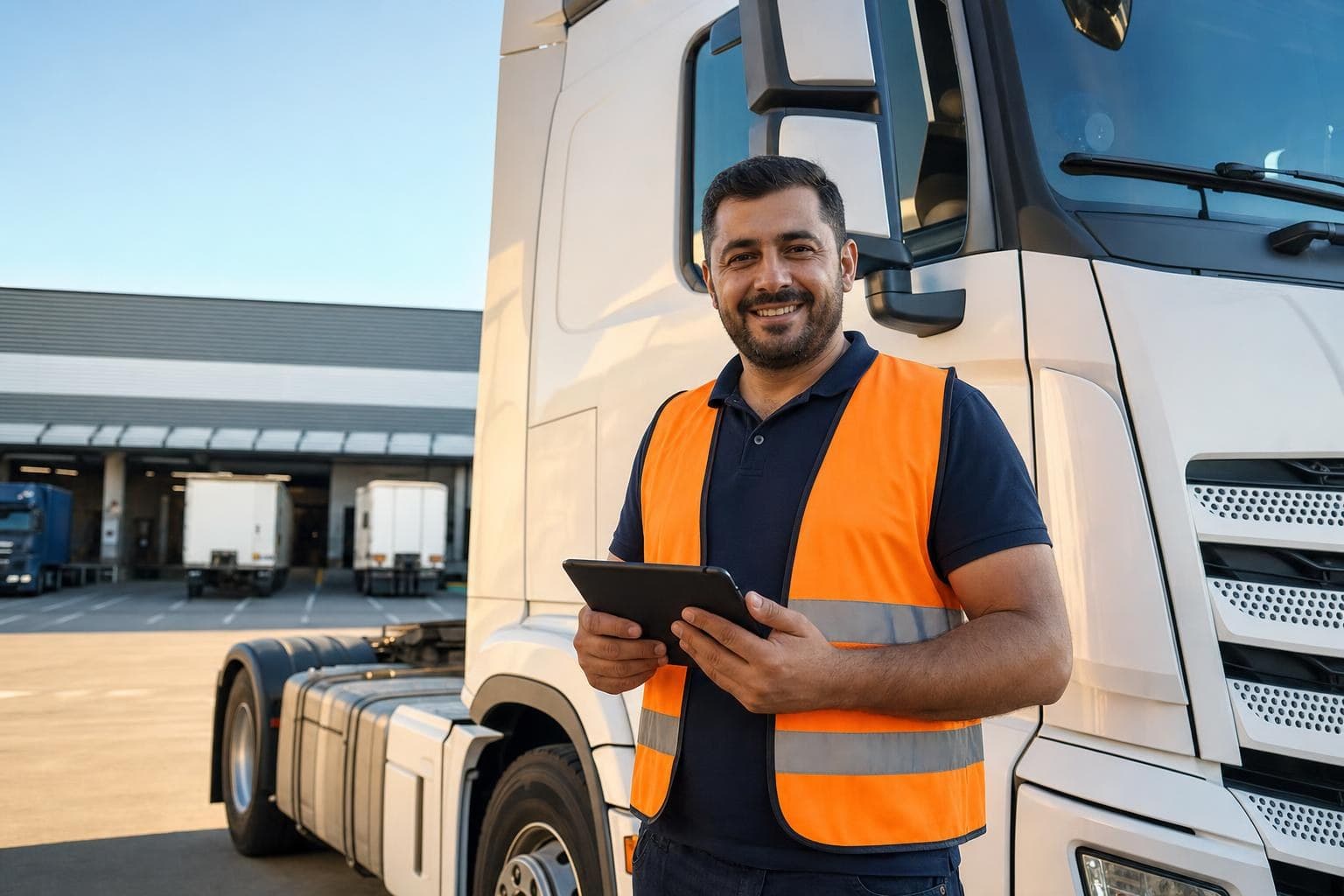 Logistika sahəsində yük maşınının yanında dayanan peşəkar sürücü